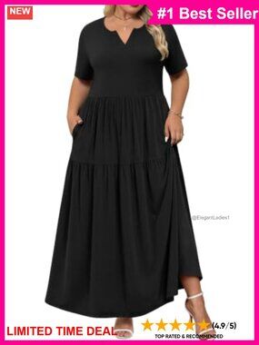 Plus Size Maxi Dress A-Line V-Neck Ruffle Hem Pockets Casual